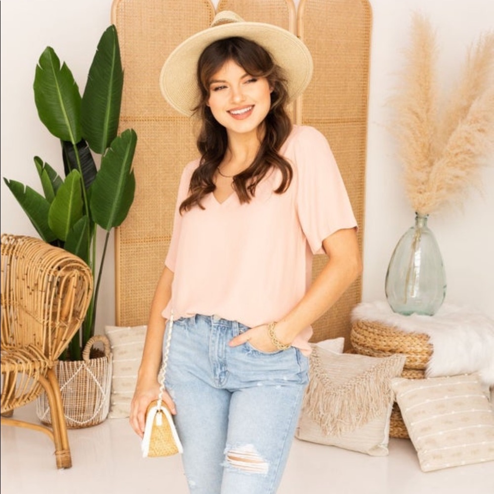 Adeline Clothing Silky Vneck Top, Blush